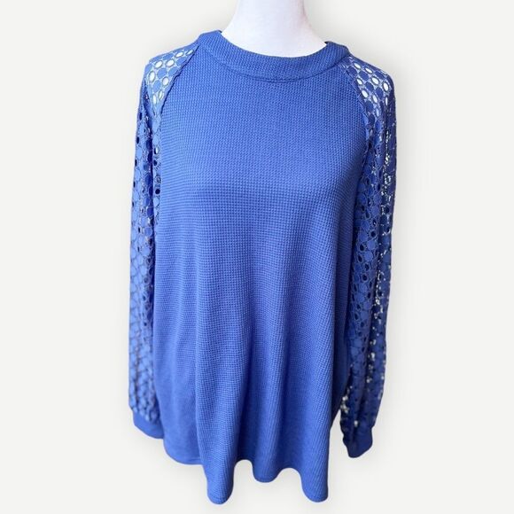 Iwollence Dark Blue Long Detail Lace Sleeve Crewneck Top. Blouse. Shirt. XL. - Picture 2 of 12
